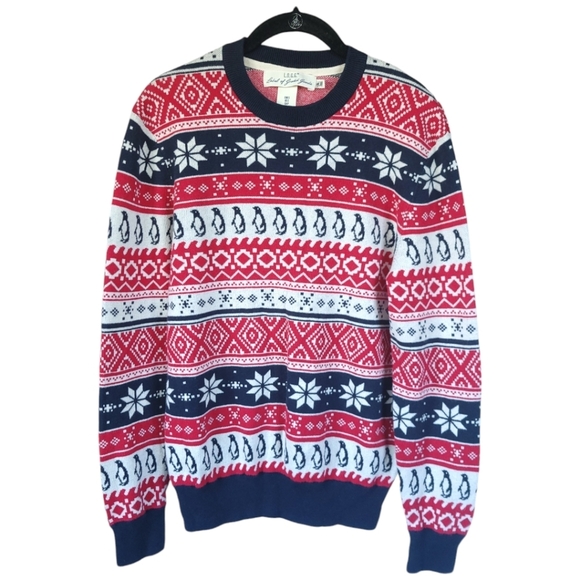 H&M LOGG Fair Isle Penguin Snowflake Sweater Sz S Red Navy Festive Nordic Knit - Picture 1 of 9